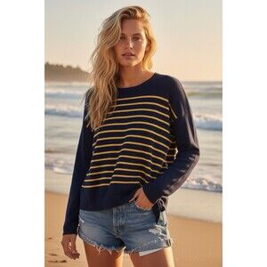St John's Bay Size Large Top Long Slv Navy Yellow Knit Sweater Fisherman Coastal